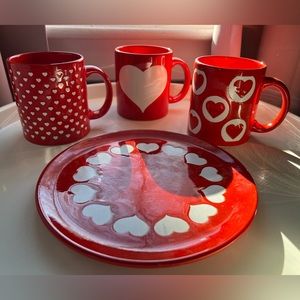 Vintage Waechtersbach Red Heart Mugs Set of 3 with Dessert Plate Valentine’s Day